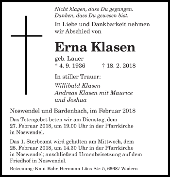 Traueranzeige von Erna Klasen von saarbruecker_zeitung