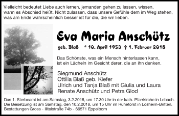 Traueranzeige von Eva Maria Anschütz von saarbruecker_zeitung