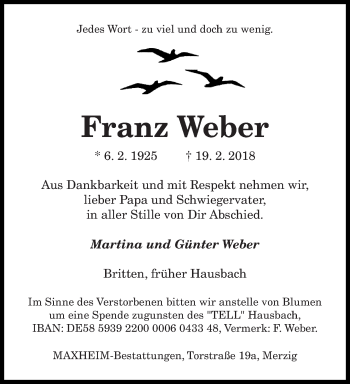 Traueranzeige von Franz Weber von saarbruecker_zeitung