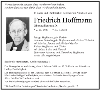 Traueranzeige von Friedrich Hoffmann von saarbruecker_zeitung