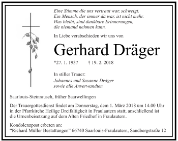 Traueranzeige von Gerhard Dräger von saarbruecker_zeitung