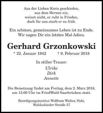 Traueranzeige von Gerhard Grzonkowski von saarbruecker_zeitung