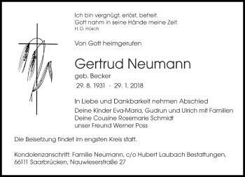 Traueranzeige von Gertrud Neumann von saarbruecker_zeitung