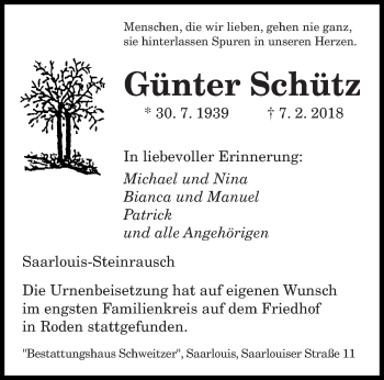 Traueranzeige von Günter Schütz von saarbruecker_zeitung