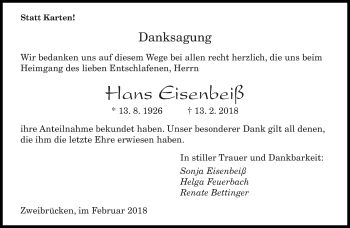 Traueranzeige von Hans Eisenbeiß von saarbruecker_zeitung