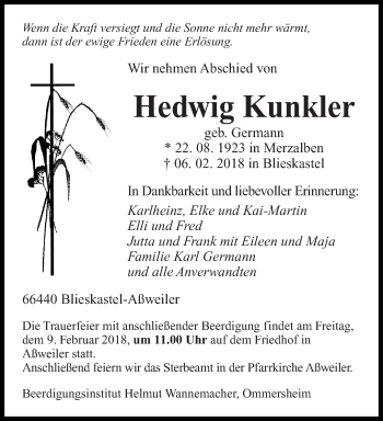 Traueranzeige von Hedwig Kunkler von saarbruecker_zeitung