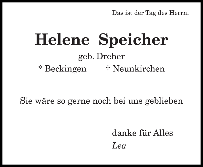  Traueranzeige für Helene Speicher vom 10.02.2018 aus saarbruecker_zeitung