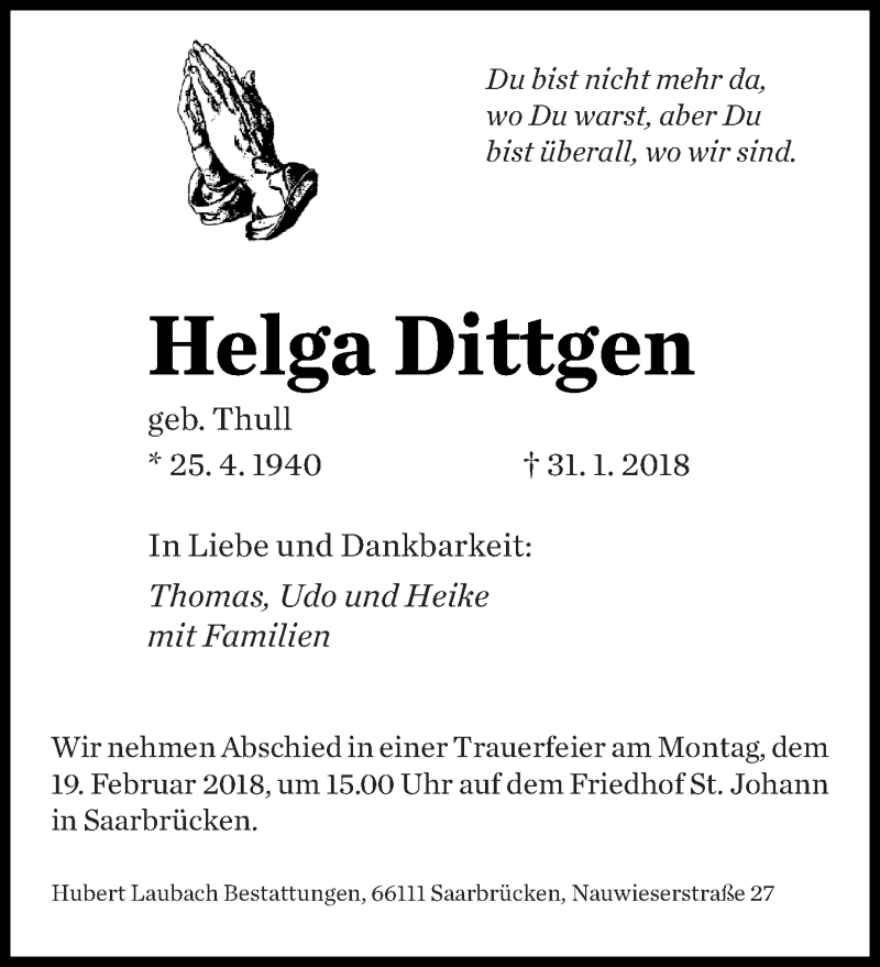  Traueranzeige für Helga Dittgen vom 14.02.2018 aus saarbruecker_zeitung
