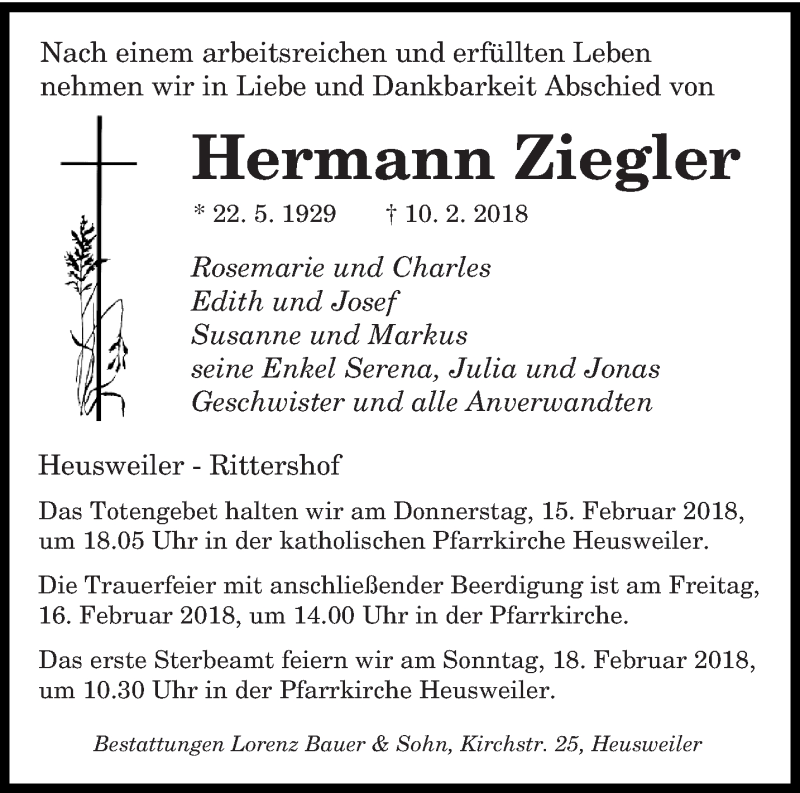  Traueranzeige für Hermann Ziegler vom 14.02.2018 aus saarbruecker_zeitung