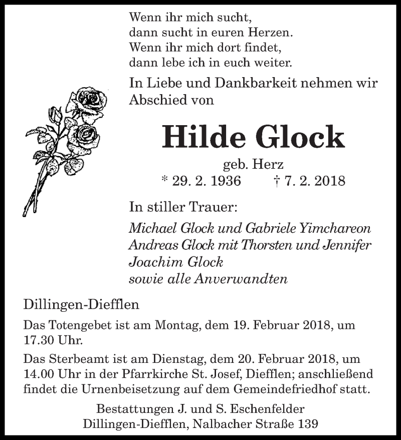  Traueranzeige für Hilde Glock vom 14.02.2018 aus saarbruecker_zeitung