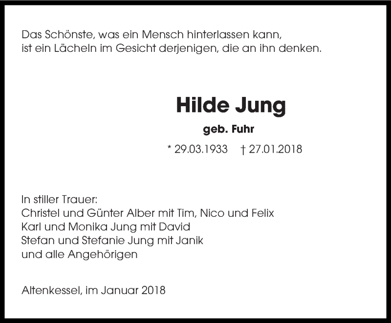  Traueranzeige für Hilde Jung vom 03.02.2018 aus saarbruecker_zeitung