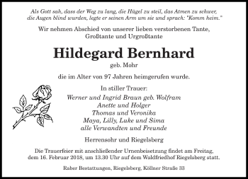 Traueranzeige von Hildegard Bernhard von saarbruecker_zeitung