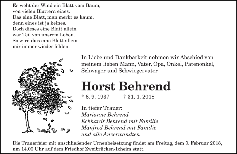  Traueranzeige für Horst Behrend vom 07.02.2018 aus saarbruecker_zeitung