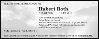 Traueranzeige von Hubert Roth von saarbruecker_zeitung