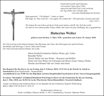 Traueranzeige von Hubertus Welter von saarbruecker_zeitung