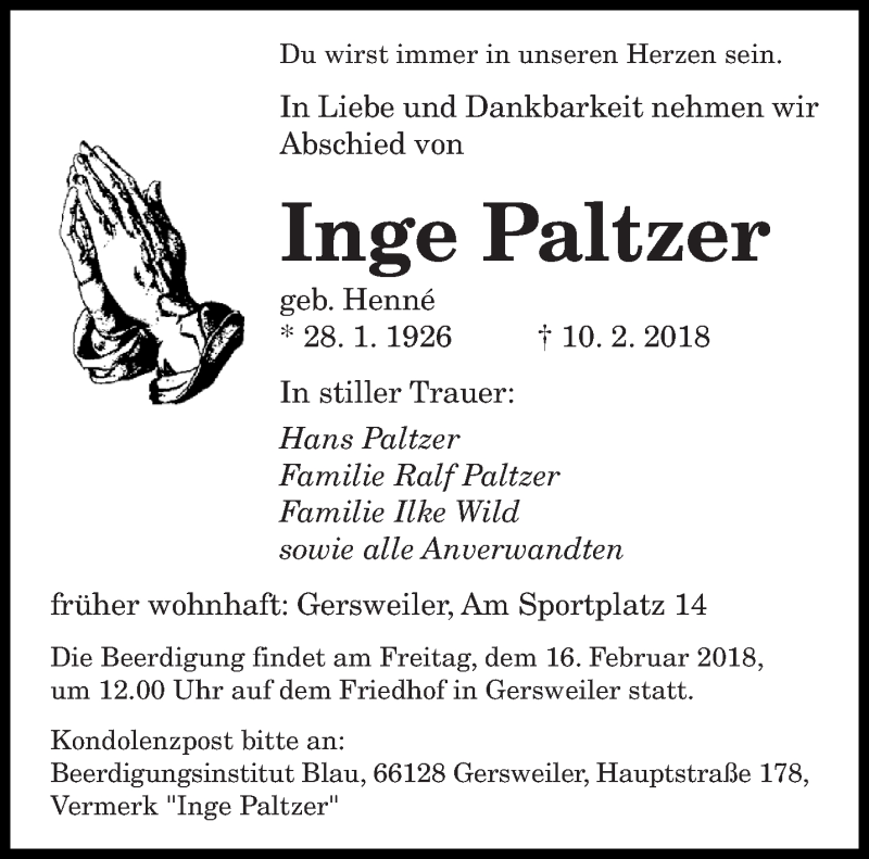  Traueranzeige für Inge Paltzer vom 14.02.2018 aus saarbruecker_zeitung