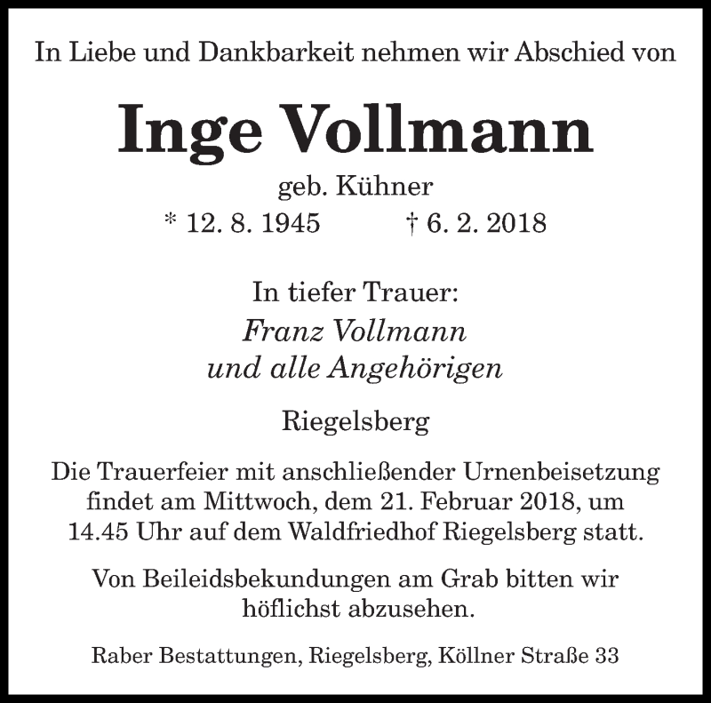  Traueranzeige für Inge Vollmann vom 16.02.2018 aus saarbruecker_zeitung