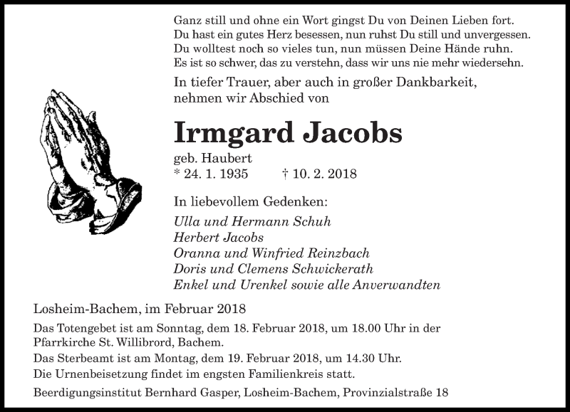  Traueranzeige für Irmgard Jacobs vom 14.02.2018 aus saarbruecker_zeitung