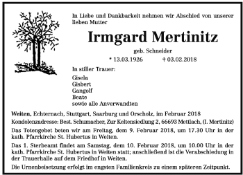 Traueranzeige von Irmgard Mertinitz von saarbruecker_zeitung