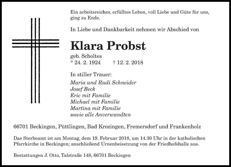  Traueranzeige für Klara Probst vom 16.02.2018 aus saarbruecker_zeitung