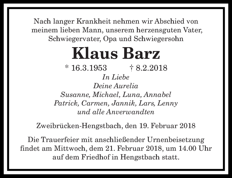  Traueranzeige für Klaus Barz vom 19.02.2018 aus saarbruecker_zeitung