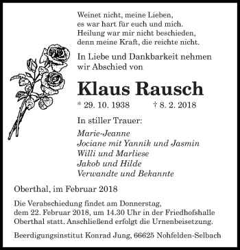 Traueranzeige von Klaus Rausch von saarbruecker_zeitung