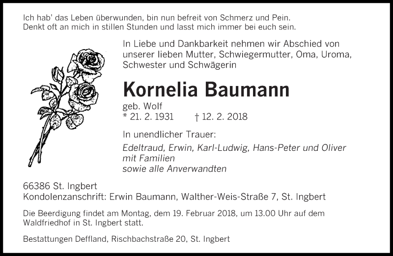  Traueranzeige für Kornelia Baumann vom 17.02.2018 aus saarbruecker_zeitung