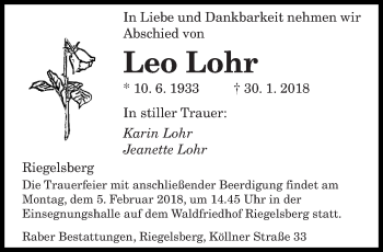 Traueranzeige von Leo Lohr von saarbruecker_zeitung