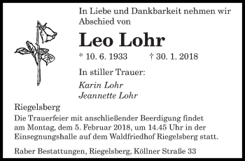 Traueranzeige von Leo Lohr von saarbruecker_zeitung