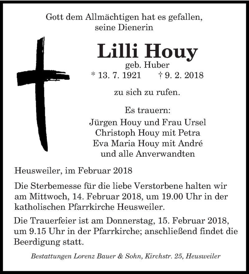  Traueranzeige für Lilli Houy vom 12.02.2018 aus saarbruecker_zeitung