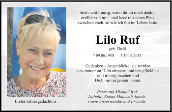 Traueranzeige von Lilo Ruf von saarbruecker_zeitung