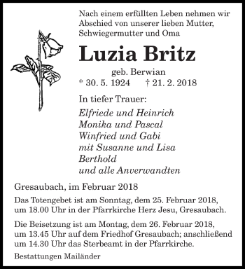 Traueranzeige von Luzia Britz von saarbruecker_zeitung
