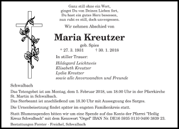 Traueranzeige von Maria Kreutzer von saarbruecker_zeitung