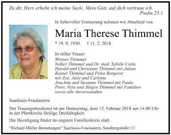 Traueranzeige von Maria Therese Thimmel von saarbruecker_zeitung