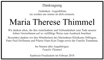 Traueranzeige von Maria Therese Thimmel von saarbruecker_zeitung