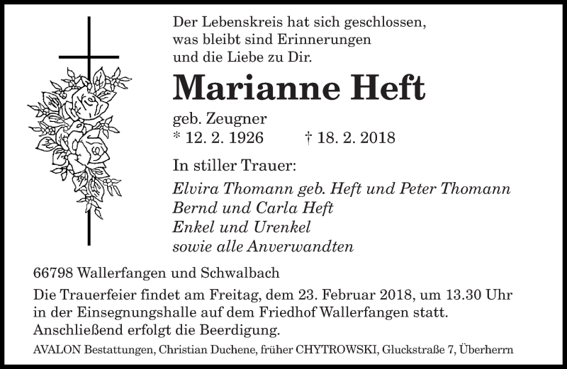  Traueranzeige für Marianne Heft vom 21.02.2018 aus saarbruecker_zeitung