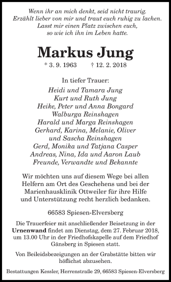 Traueranzeige von Markus Jung von saarbruecker_zeitung