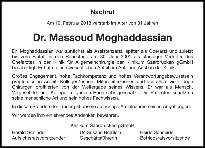  Traueranzeige für Massoud Moghaddassian vom 17.02.2018 aus saarbruecker_zeitung