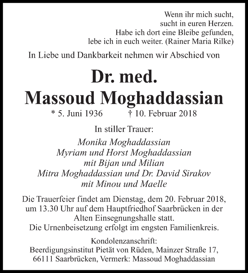  Traueranzeige für Massoud Moghaddassian vom 14.02.2018 aus saarbruecker_zeitung
