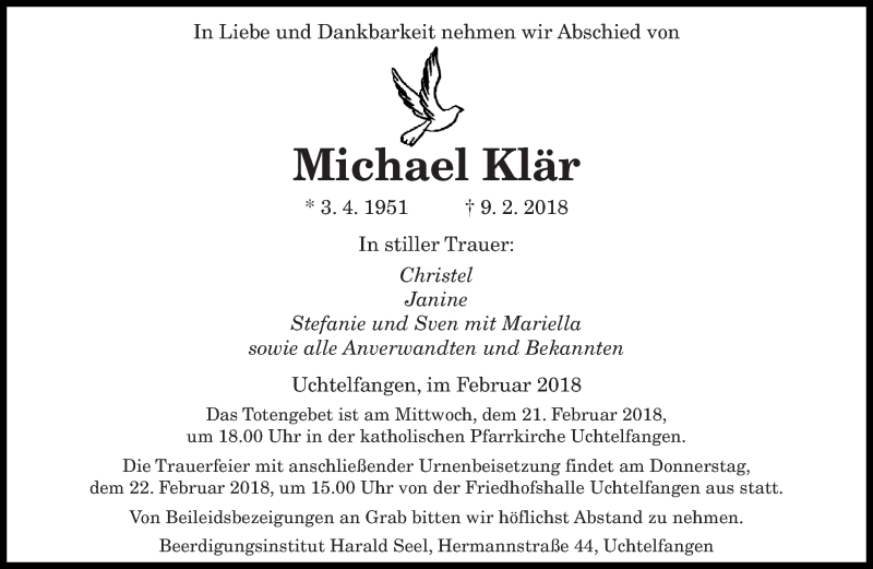  Traueranzeige für Michael Klär vom 19.02.2018 aus saarbruecker_zeitung