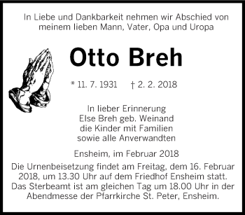 Traueranzeige von Otto Breh von saarbruecker_zeitung