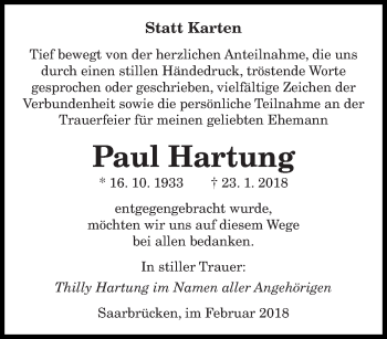 Traueranzeige von Paul Hartung von saarbruecker_zeitung