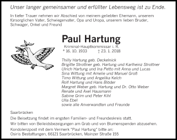 Traueranzeige von Paul Hartung von saarbruecker_zeitung