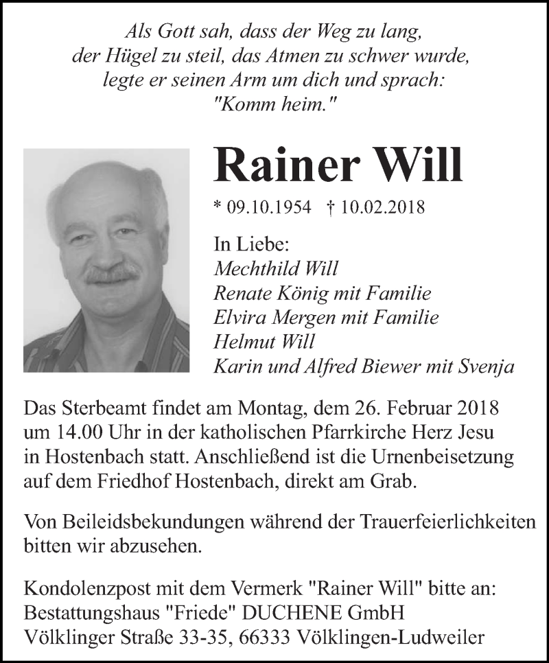  Traueranzeige für Rainer Will vom 17.02.2018 aus saarbruecker_zeitung