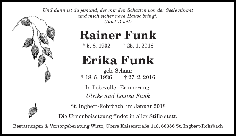  Traueranzeige für Rainer und Erika Funk vom 10.02.2018 aus saarbruecker_zeitung