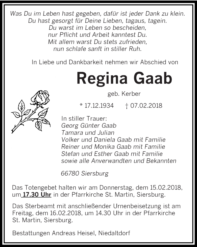  Traueranzeige für Regina Gaab vom 14.02.2018 aus saarbruecker_zeitung