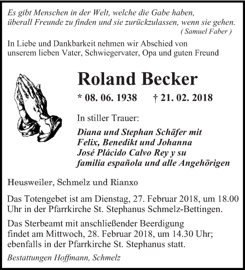  Traueranzeige für Roland Becker vom 24.02.2018 aus saarbruecker_zeitung