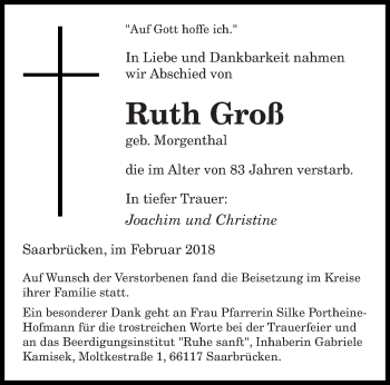 Traueranzeige von Ruth Groß von saarbruecker_zeitung