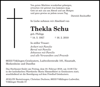 Traueranzeige von Thekla Schu von saarbruecker_zeitung