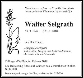 Traueranzeige von Walter Selgrath von saarbruecker_zeitung